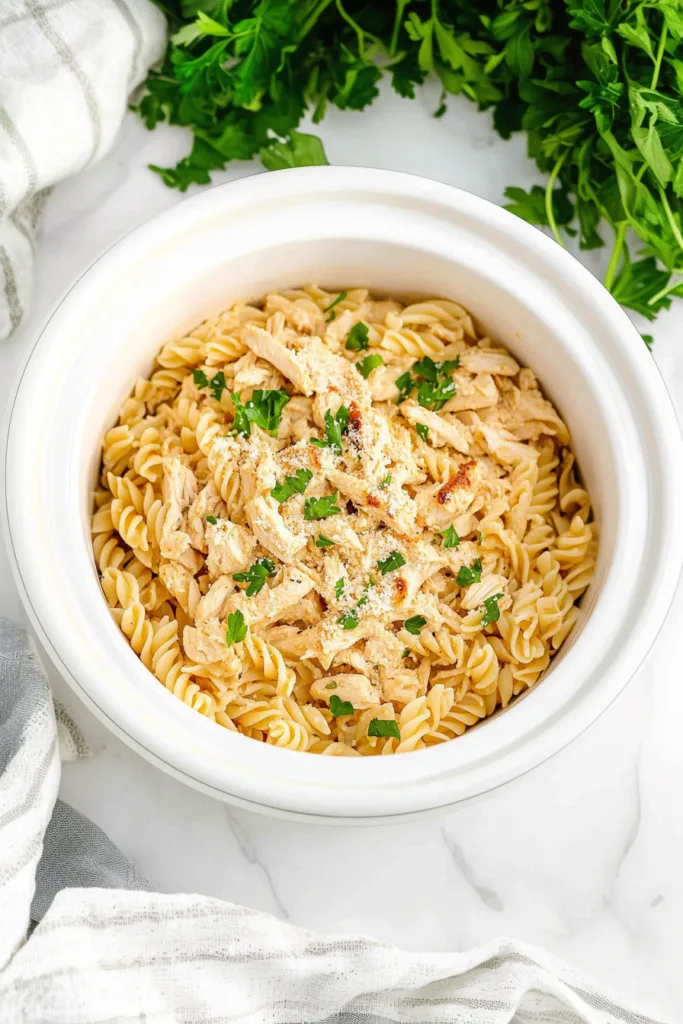 A white bowl filled with rotini pasta coated in creamy sauce, topped with chunks of chicken and fresh parsley.