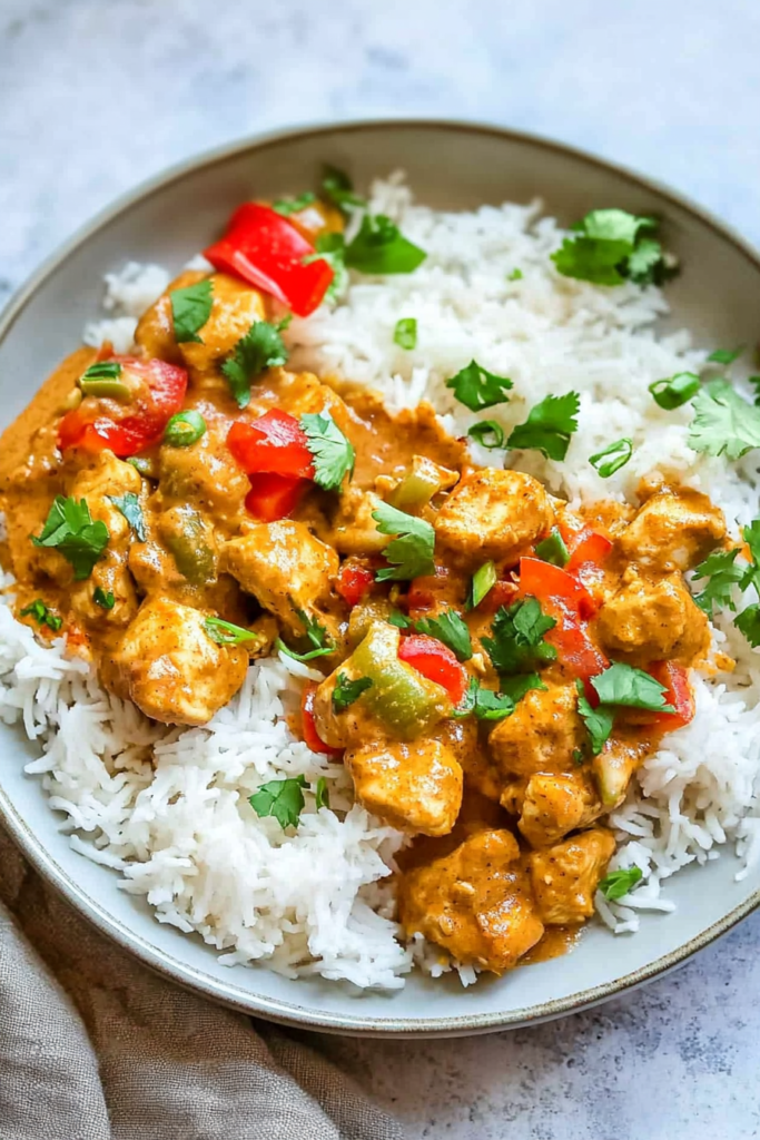 Homemade chicken in a savory peanut sauce served in a bowl with rice and cilantro.