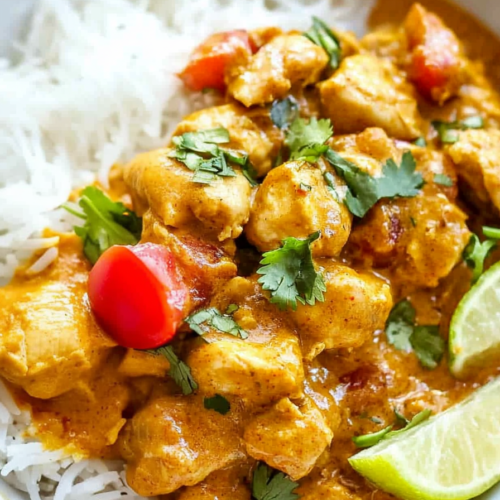 Tender chicken coated in a creamy peanut sauce with rice and fresh herb garnish.