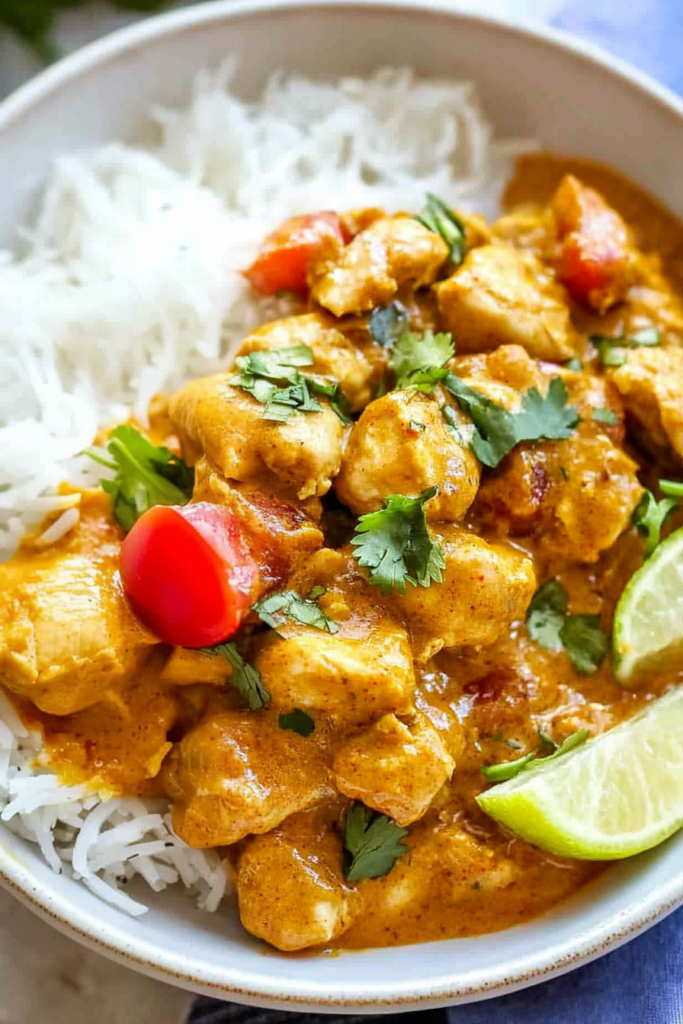 Tender chicken coated in a creamy peanut sauce with rice and fresh herb garnish.