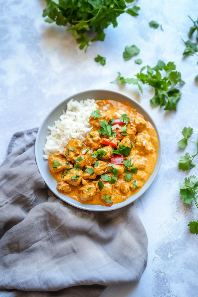 Bowl of tender chicken pieces in a rich peanut sauce garnished with herbs and cherry tomatoes.
