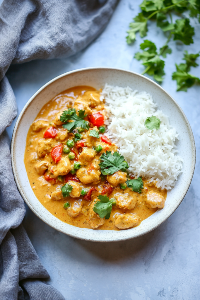 Creamy peanut chicken served over fluffy white rice with lime wedges and fresh cilantro.