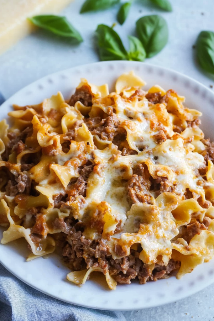 Hearty casserole portion being scooped out, with layers of noodles, beef, and golden cheese visible.