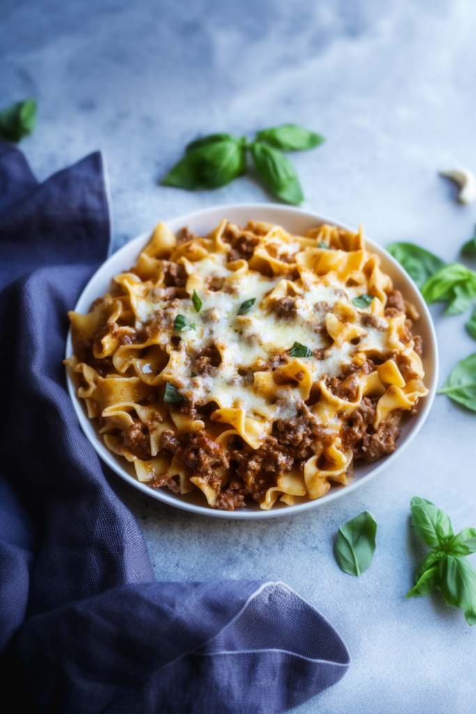 Serving of baked noodle casserole lifted from a glass dish, showing browned cheese and saucy beef filling.