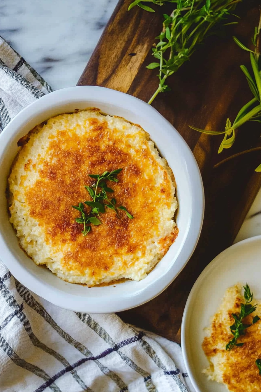 Golden baked grits casserole with a crispy top and fresh herb garnish.