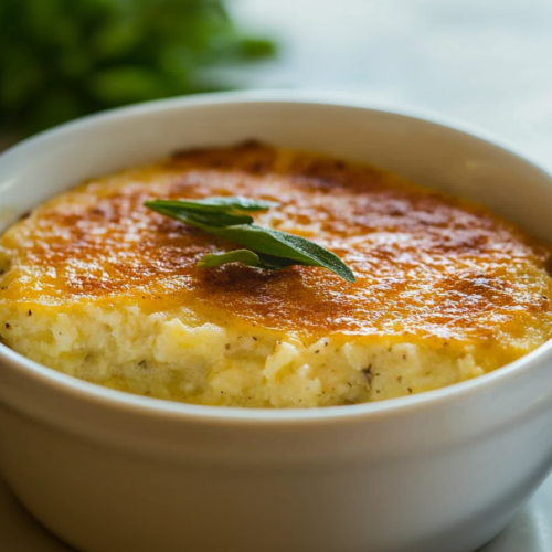 Close-up of a savory baked grits dish with a crispy, caramelized surface.