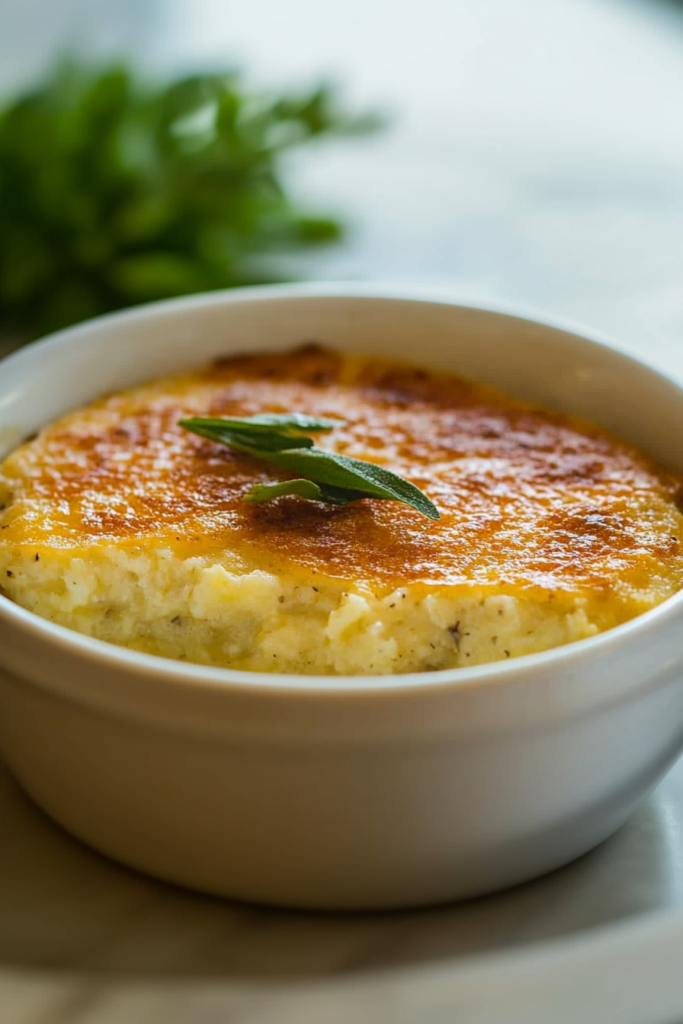 Close-up of a savory baked grits dish with a crispy, caramelized surface.