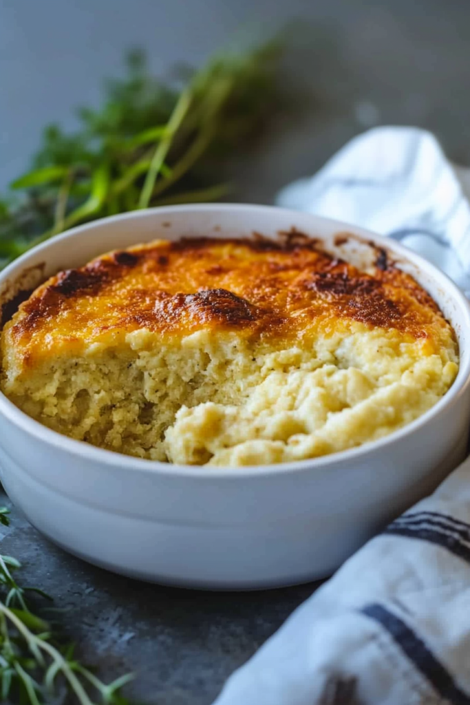 Southern Grits Dressing baked with a golden crust and soft, savory center.