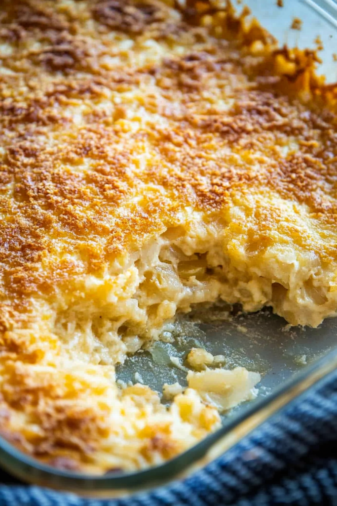 Oven-baked casserole with a rich, cheesy top and soft, tender layers inside