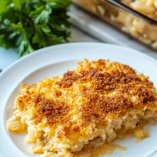 Slice of the casserole plated individually, highlighting the golden-brown crust and soft onion filling.
