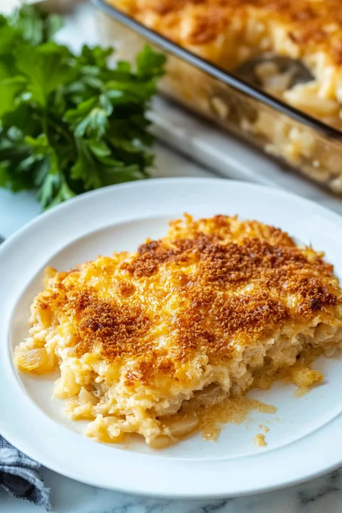 Slice of the casserole plated individually, highlighting the golden-brown crust and soft onion filling.