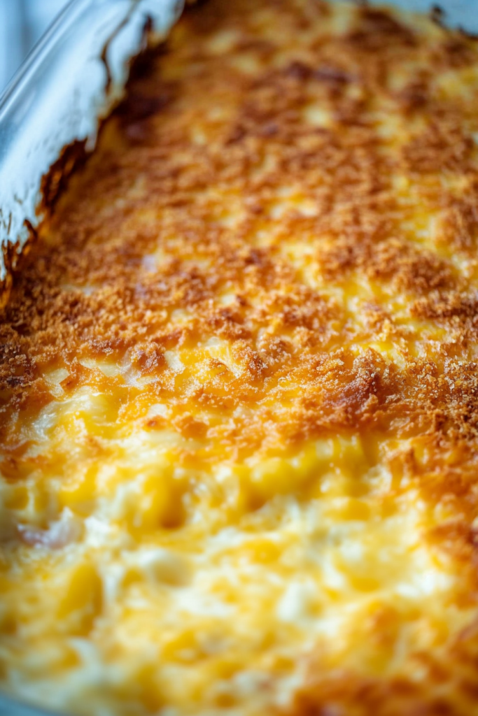 Baked casserole with a golden, crispy cheese topping fresh from the oven