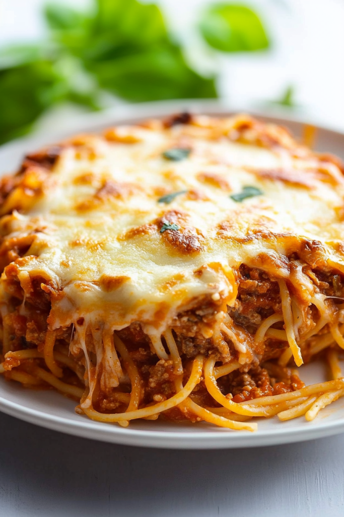 Oven-baked spaghetti layered with tomato sauce and melted cheese.