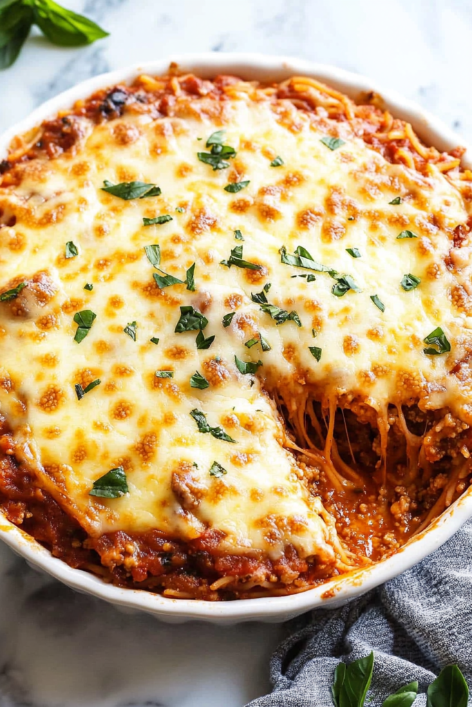 Slice removed from a cheesy pasta bake revealing layers of sauce and noodles.