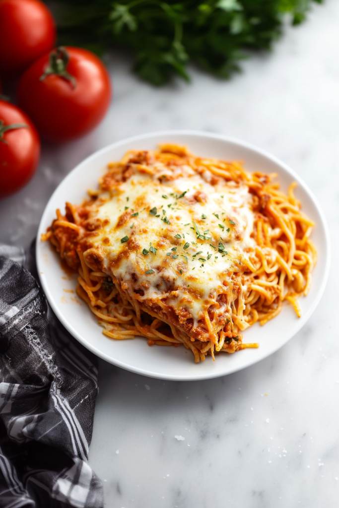 Hearty Italian-style pasta dish with a crispy cheese topping and savory filling.