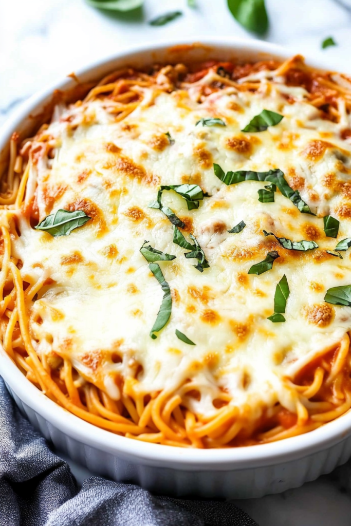 Baked spaghetti casserole topped with melted mozzarella and fresh basil in a round dish.
