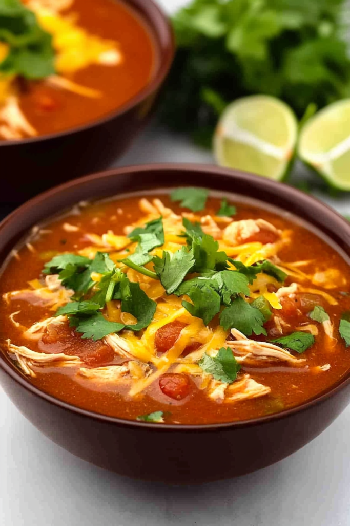Bowl of hearty red broth with shredded chicken, topped with cheddar and cilantro.