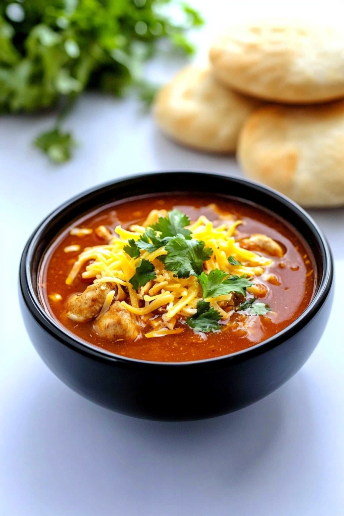 Warm, flavorful soup with melted cheese and tender chicken pieces.