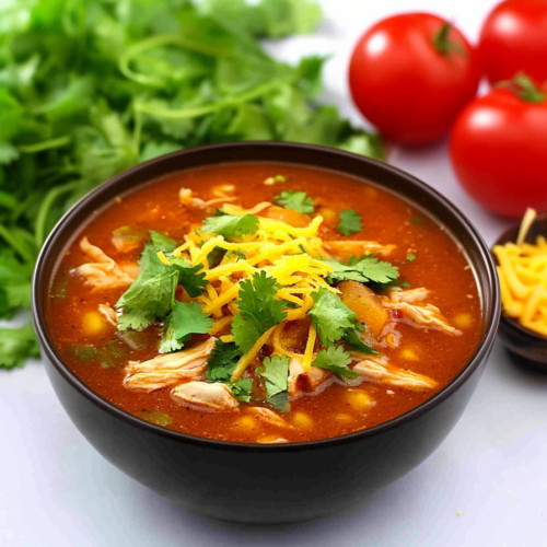 Spicy chicken soup garnished with cilantro and cheddar, presented in a simple bowl.