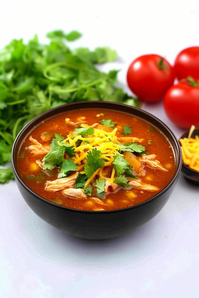 Spicy chicken soup garnished with cilantro and cheddar, presented in a simple bowl.