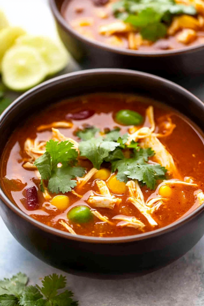 Close-up of comforting soup with tomato chunks and fresh herb garnish.