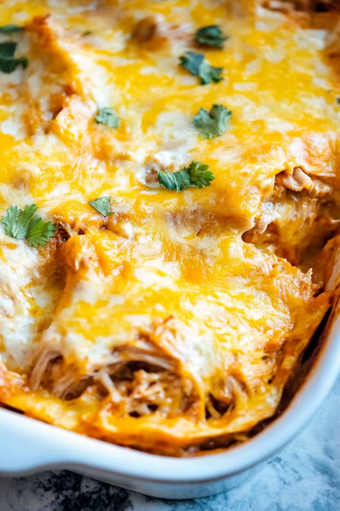 Warm homemade casserole served in a dish with bubbling cheese and herbs