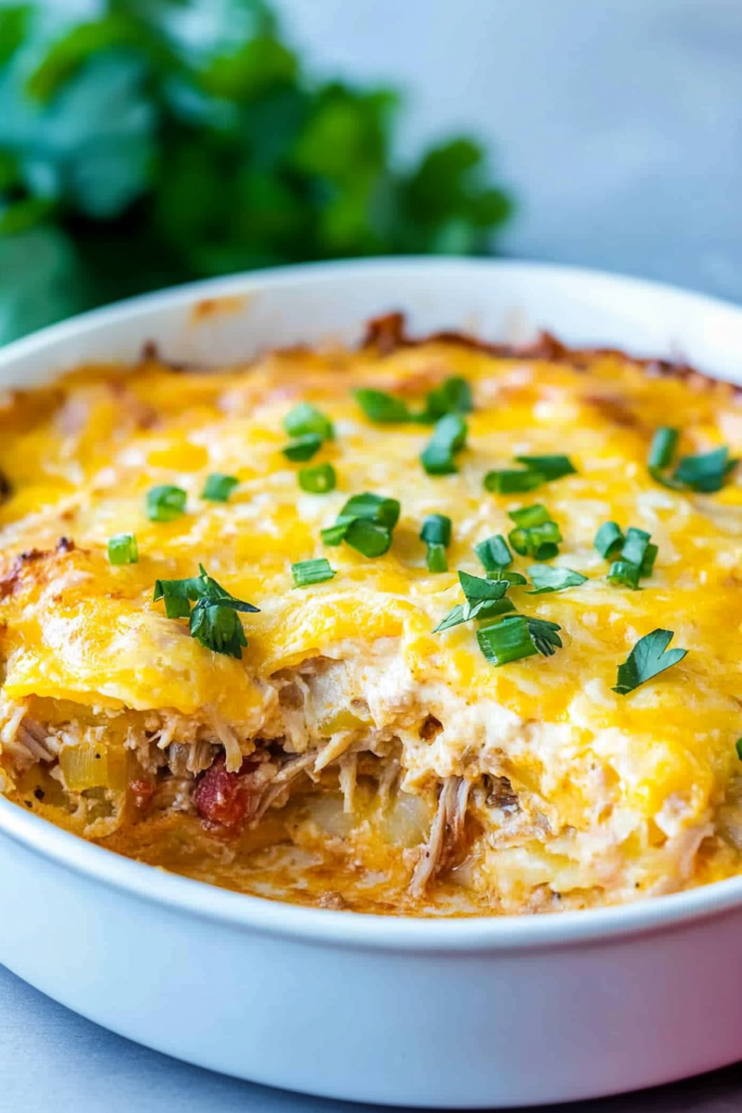Freshly baked savory casserole with melted cheese and green onion garnish