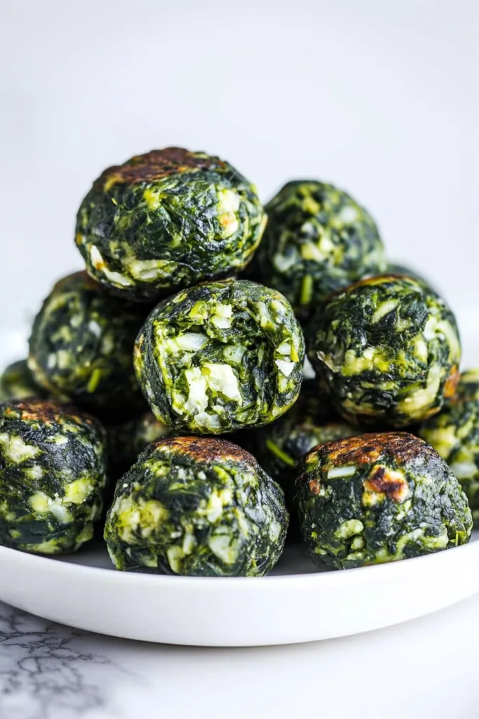 Cooked spinach mixture shaped into bite-sized balls with a rustic texture.