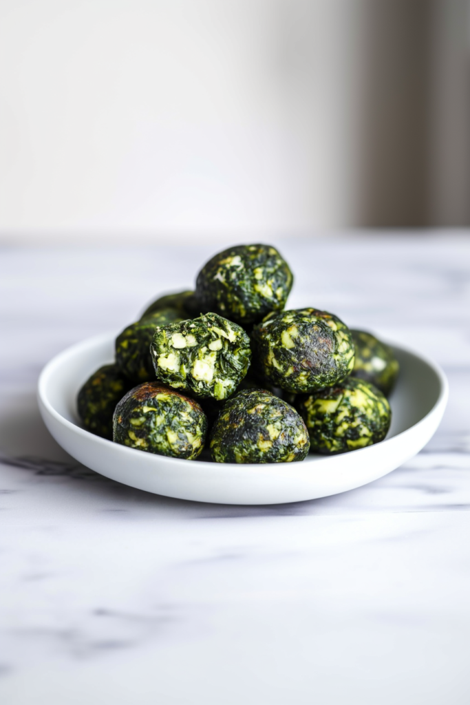 Healthy snack of leafy green spinach balls arranged neatly on a dish.