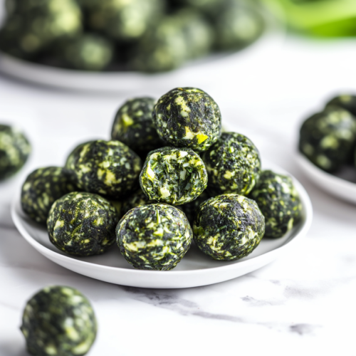 Serving platter filled with baked spinach balls, ready to enjoy as an appetizer.