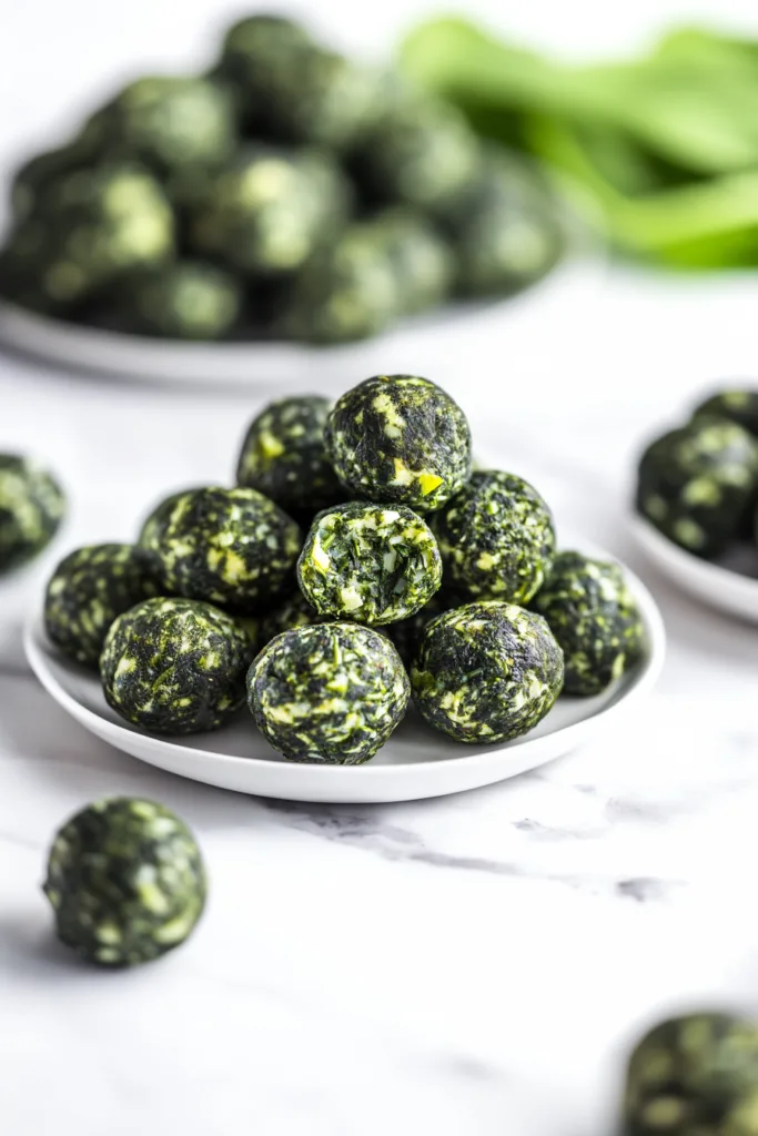 Serving platter filled with baked spinach balls, ready to enjoy as an appetizer.