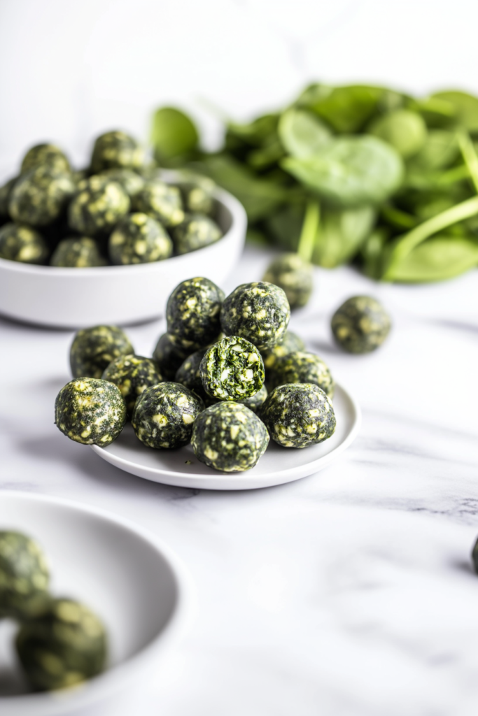Plate stacked with golden-brown vegetable balls made from spinach and cheese.