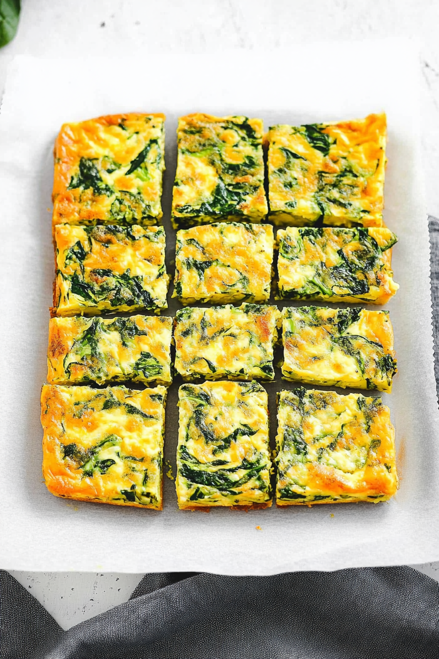 Freshly baked vegetable egg squares arranged on a serving board with simple, clean presentation.
