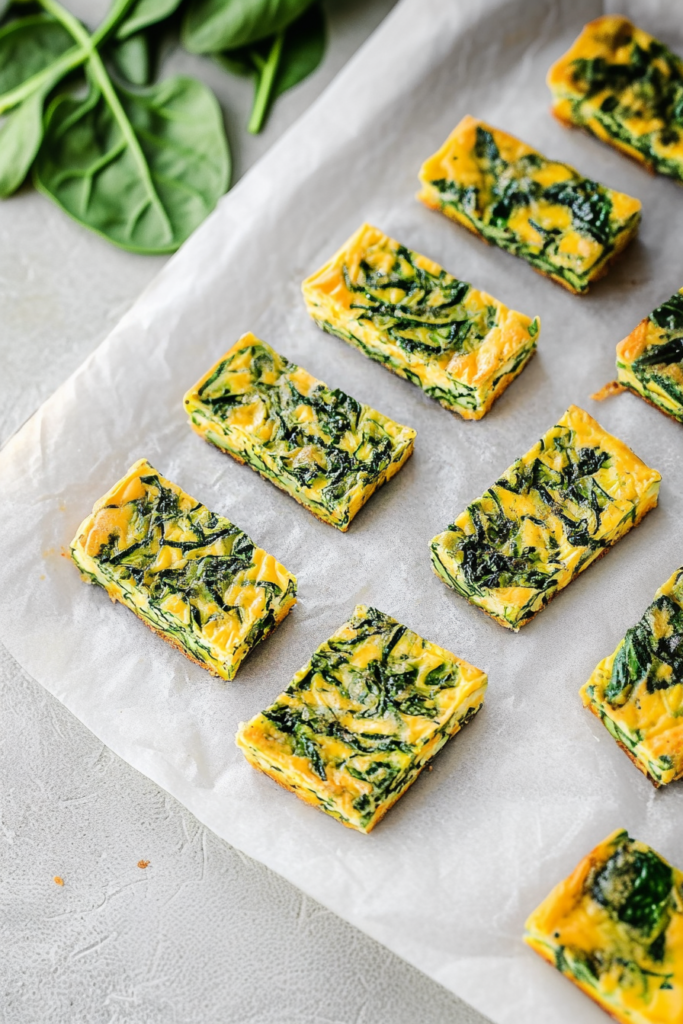 Golden egg bake cut into neat portions with visible greens and a soft, fluffy texture.