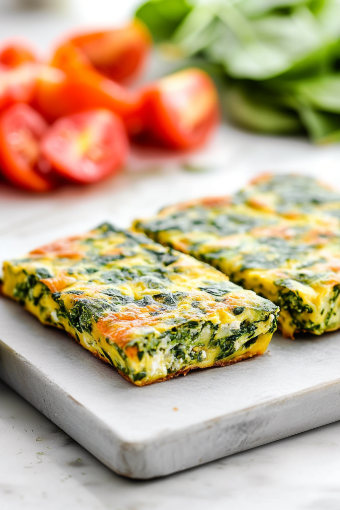 Sliced baked egg squares with spinach and zucchini served on a white board with fresh tomatoes in the background.