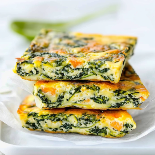 Light and fluffy baked egg dish with mixed greens, cut into rectangular portions for easy serving.