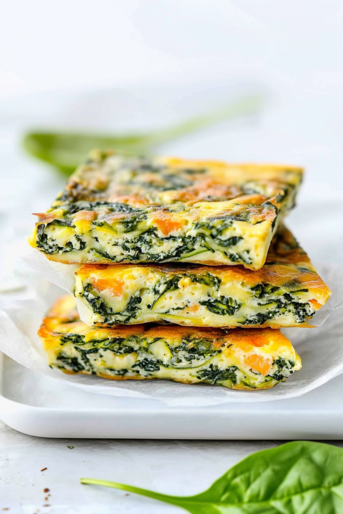 Light and fluffy baked egg dish with mixed greens, cut into rectangular portions for easy serving.