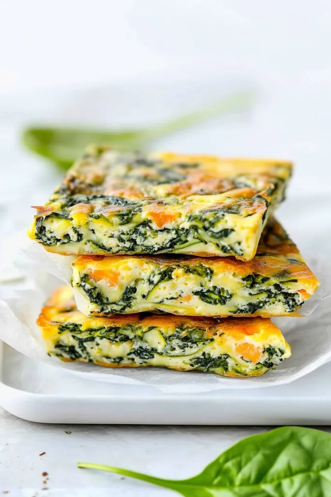 Light and fluffy baked egg dish with mixed greens, cut into rectangular portions for easy serving.