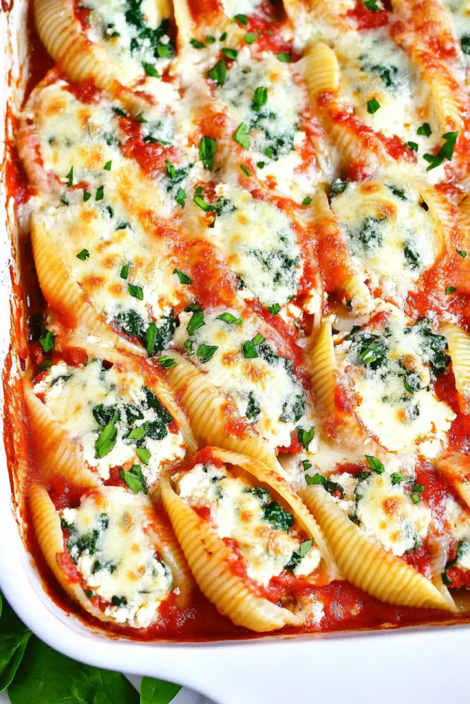 Hearty Italian comfort food: shells stuffed with spinach and cheese, finished with parsley.