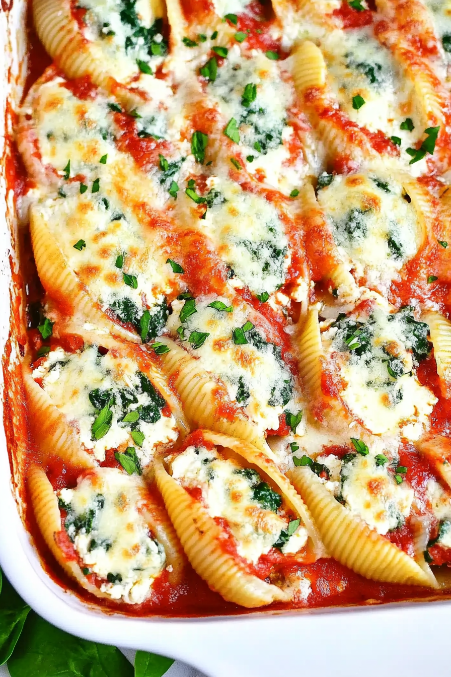 Hearty Italian comfort food: shells stuffed with spinach and cheese, finished with parsley.