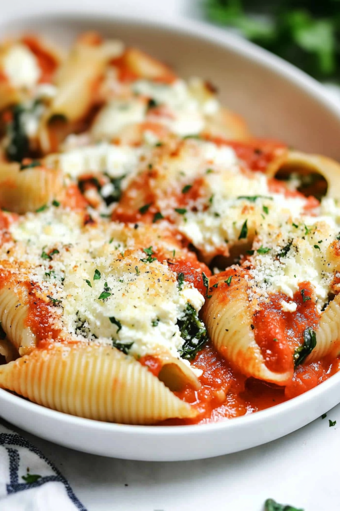 Golden pasta shells arranged on a plate, showing creamy cheese filling and vibrant sauce.