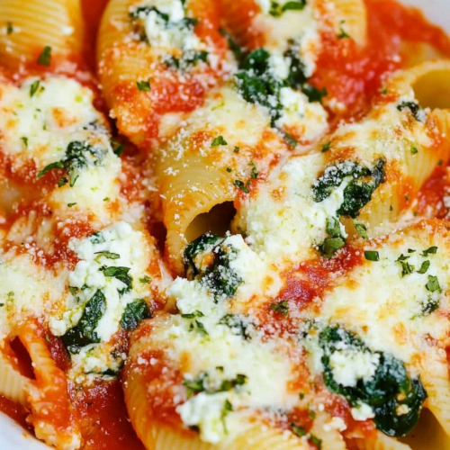 Close-up of stuffed shells baked in tomato sauce, garnished with fresh herbs.