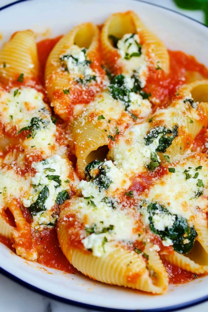Close-up of stuffed shells baked in tomato sauce, garnished with fresh herbs.