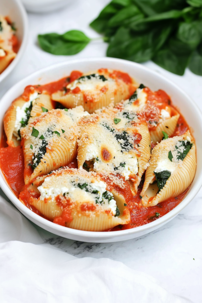 Jumbo pasta shells filled with ricotta and spinach, topped with marinara and Parmesan.