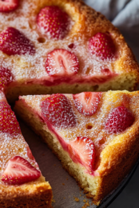 Close-up of a moist gluten-free cake topped with juicy sliced strawberries