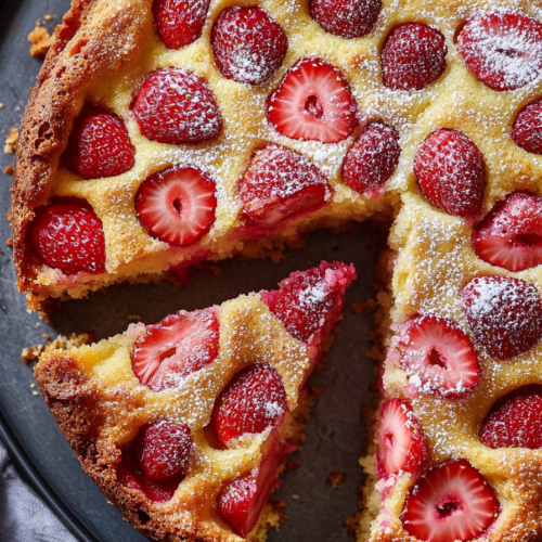Golden baked cake with fresh strawberries and a light sugar dusting on top