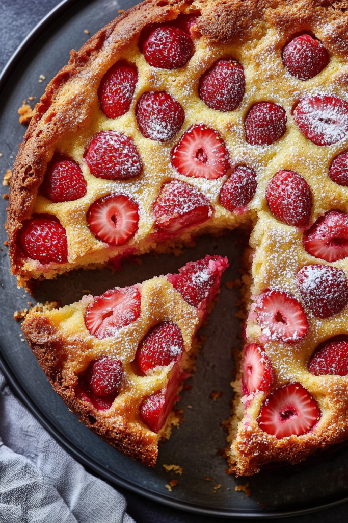Golden baked cake with fresh strawberries and a light sugar dusting on top