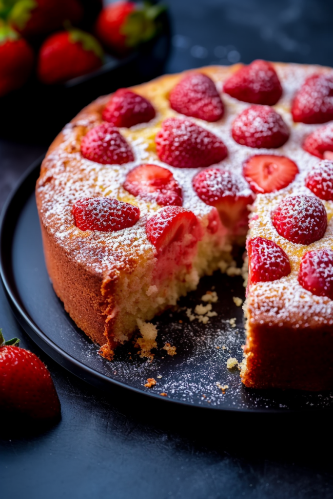 Fresh strawberry cake with a soft golden crumb, lightly dusted with powdered sugar