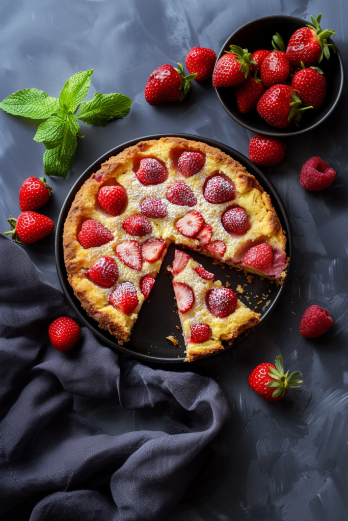 Homemade dessert featuring baked strawberries nestled in a tender, fluffy cake