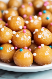 Close-up of bite-sized Italian holiday pastries glazed with honey and decorated with sugar sprinkles.